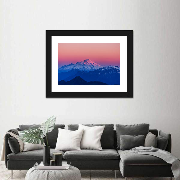 Mountain Peak In North Cascade Range Washington Canvas Wall Art in black, white and pink, framed print shown in a room