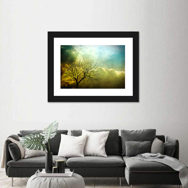 Grunge Leafless Tree with Backlit Clouds Canvas Wall Art
