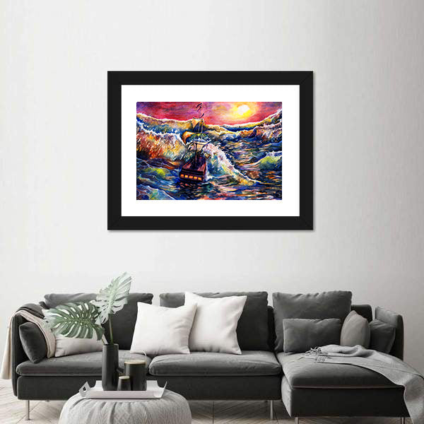 Sunset Sailing Ship in Stormy Sea Canvas Wall Art
