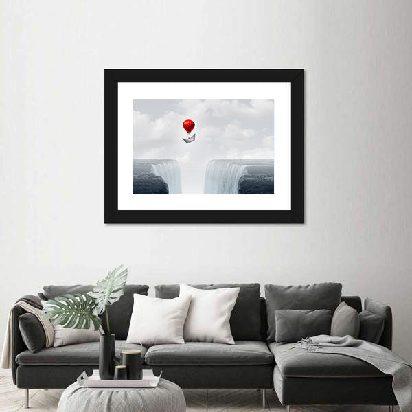 Red Balloon and Paper Boat Above Twin Waterfalls Canvas Wall Art