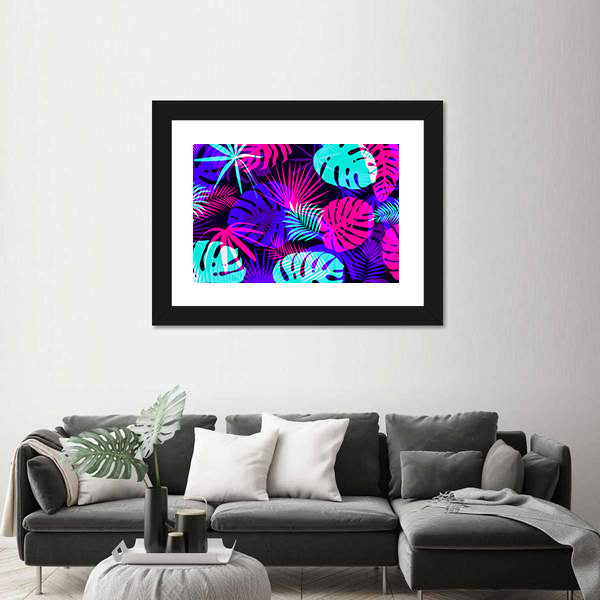 Neon Tropical Leaves Pattern Canvas Wall Art