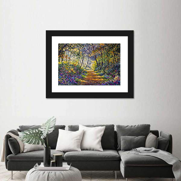 Sunlit Forest Path with Wildflowers Canvas Wall Art