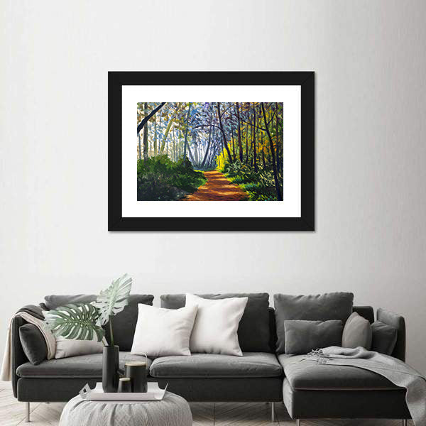 Sunlit Forest Path in Park Canvas Wall Art