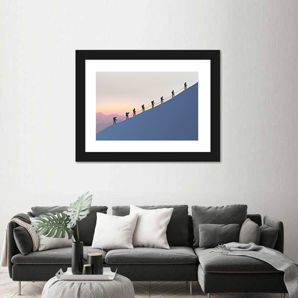 Roped Mountaineers on Slanted Blue Slope Canvas Wall Art