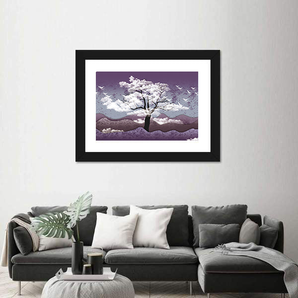 Cloud-leaf Tree Over Misty Lavender Hills Canvas Wall Art