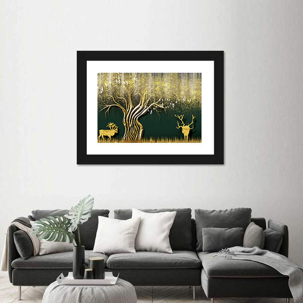 Abstract Golden Tree and Deer Silhouettes Canvas Wall Art