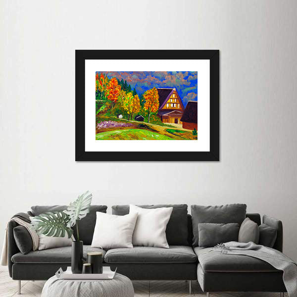 Autumn Gassho-zukuri Village with Glowing Windows Canvas Wall Art