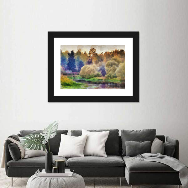 Autumn Watercolor Forest with River Canvas Wall Art