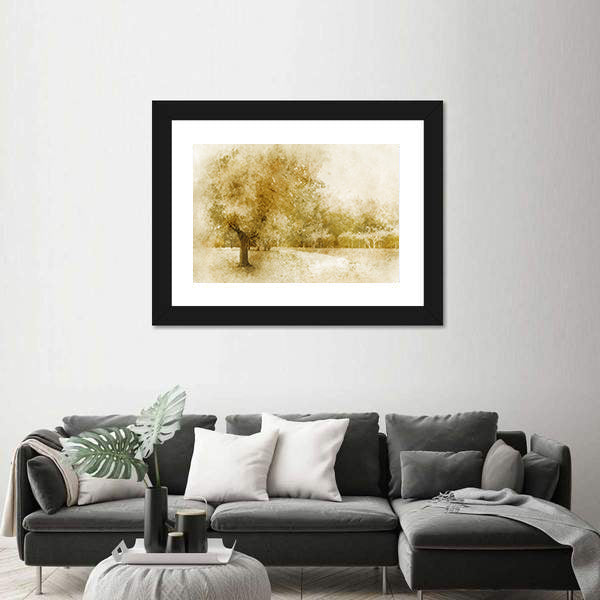 Sepia Autumn Park with Lone Tree Canvas Wall Art