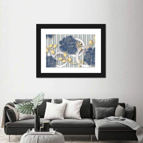 Abstract Blue Roses with Gold Leaves and Rings Canvas Wall Art