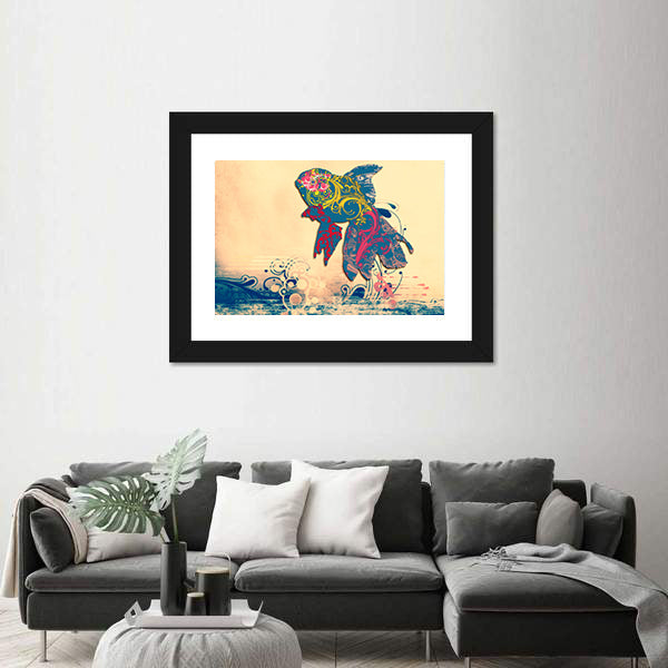 Grunge Goldfish with Ornate Floral Patterns Canvas Wall Art