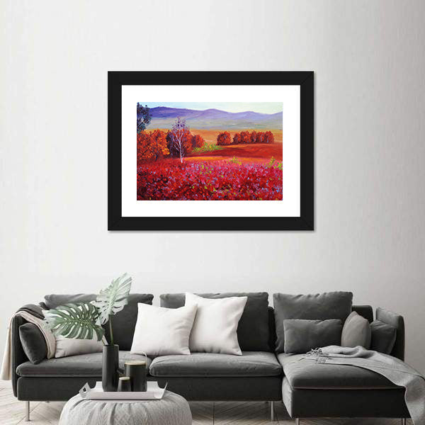 Red Flower Field with White Birch Canvas Wall Art