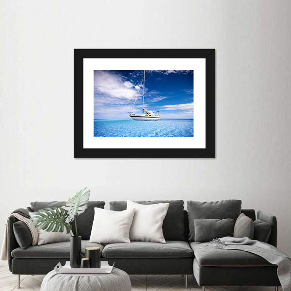Single-masted White Sailboat on Turquoise Water Canvas Wall Art