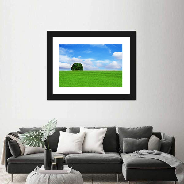 Lone Tree in Vibrant Green Field Canvas Wall Art