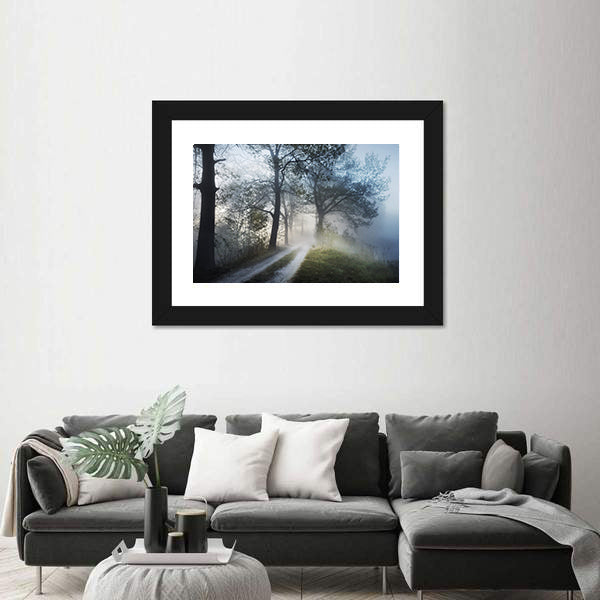 Foggy Forest Path at Sunrise Canvas Wall Art