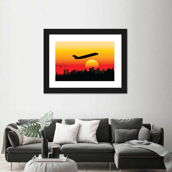 Passenger Jet Silhouette at Sunset Canvas Wall Art