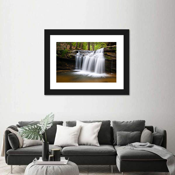 Cascading Forest Waterfall Over Layered Rocks Canvas Wall Art