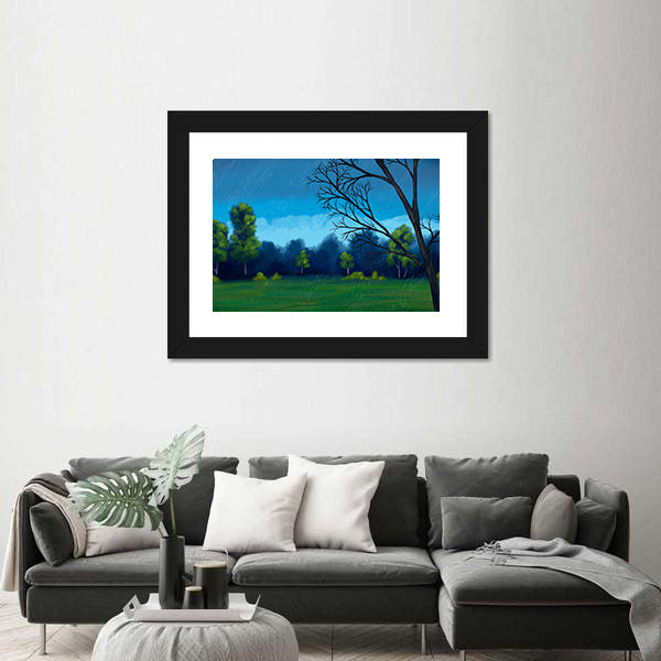 Rainy Green Field with Bare-branched Tree Canvas Wall Art