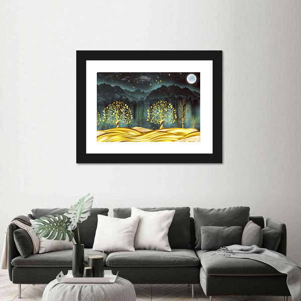 Moonlit Golden Trees Abstract Landscape Canvas Wall Art