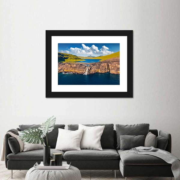 Bosdalafossur Waterfall And Sorvagsvatn Lake In Denmark Canvas Wall Art