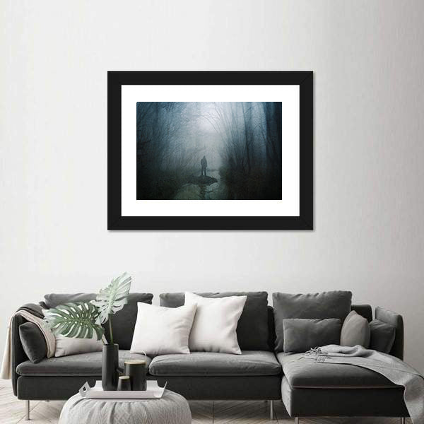 Silhouette at Stream in Misty Forest Canvas Wall Art