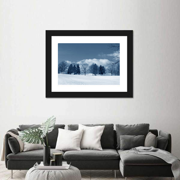 Snowy Field with Evergreens and Tracks Canvas Wall Art