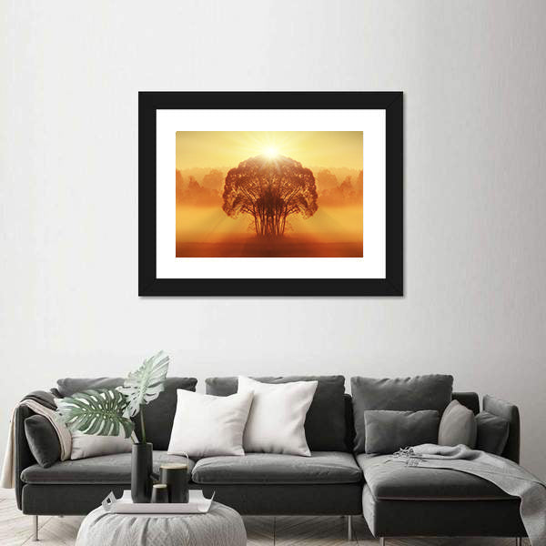 Lone Tree in Golden Morning Mist Canvas Wall Art