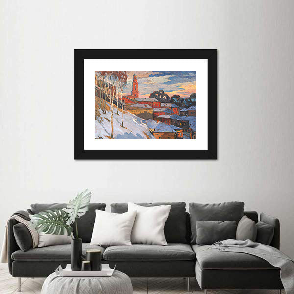 Snowy Hillside Town with Belfry Tower Canvas Wall Art