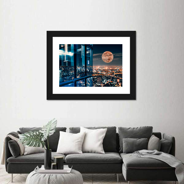 Bangkok Night Skyline with Full Moon Canvas Wall Art