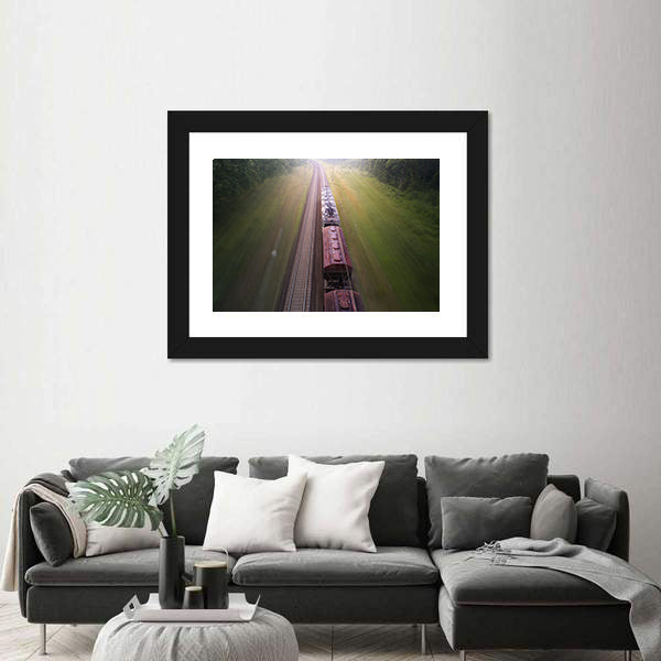 Freight Train Travels Through Foggy Forest Canvas Wall Art
