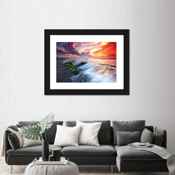 Burning Sky Over Black Sand Beach Canvas Wall Art