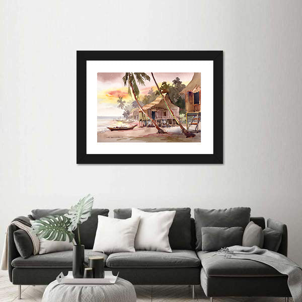 Watercolor Stilt Houses at Sunset Canvas Wall Art