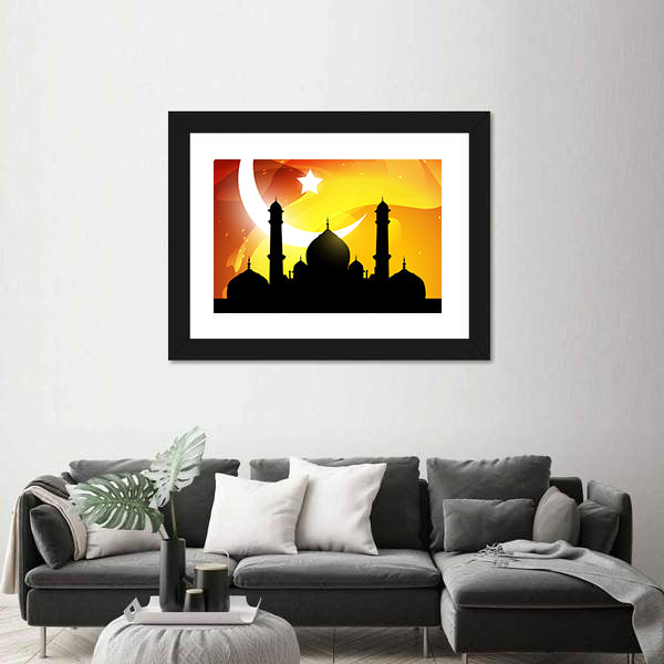 Glowing Ramadan Mosque Silhouette Canvas Wall Art