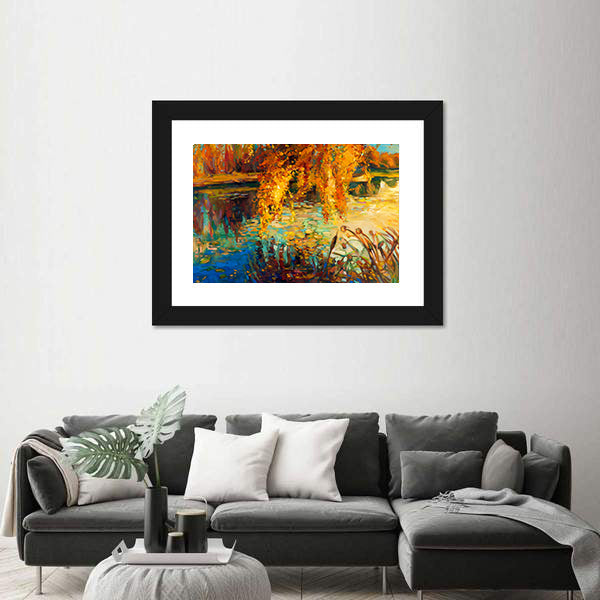 Golden Willow Over Autumn Lake Canvas Wall Art