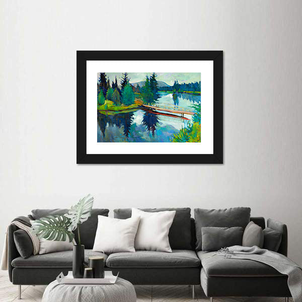 Wooden Bridge Over Reflective River Canvas Wall Art