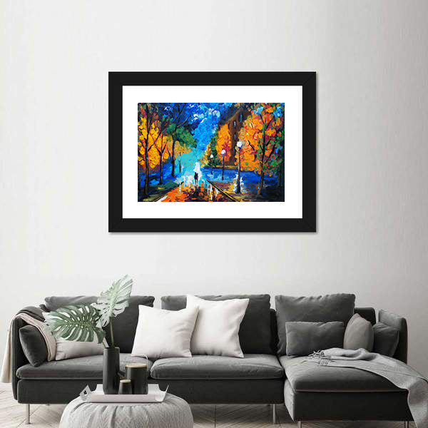 Autumn Couple Under Glowing Streetlights Canvas Wall Art