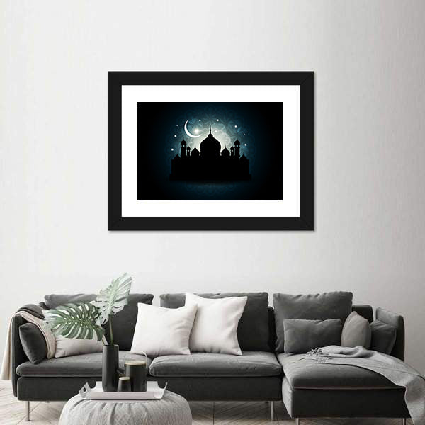 Mosque Silhouette with Crescent Moon and Mandala Canvas Wall Art