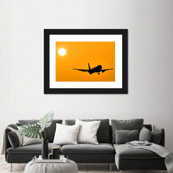 Aircraft Landing At Sunset Canvas Wall Art