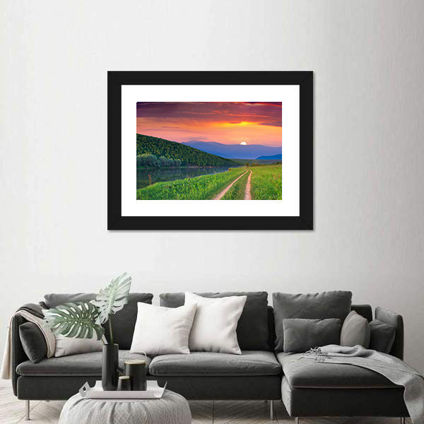 Sunset Meadow with River and Dirt Road Canvas Wall Art