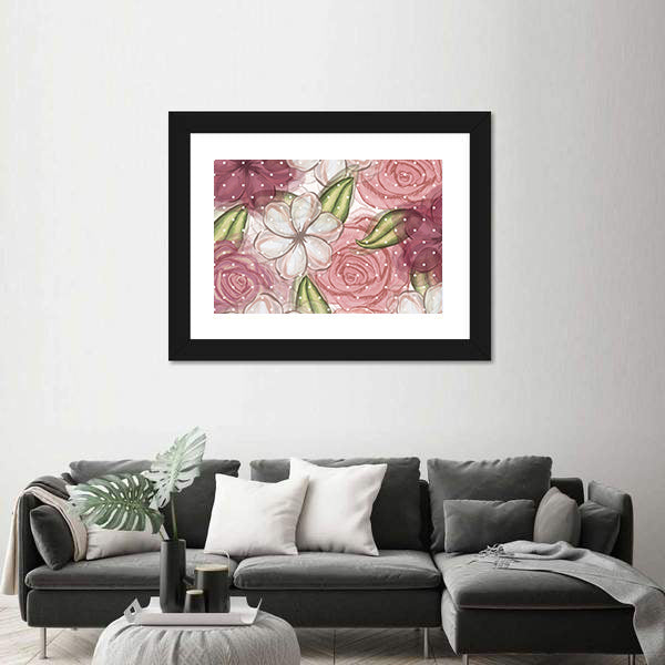 Pink Roses and White Blossoms Pattern Canvas Wall Art