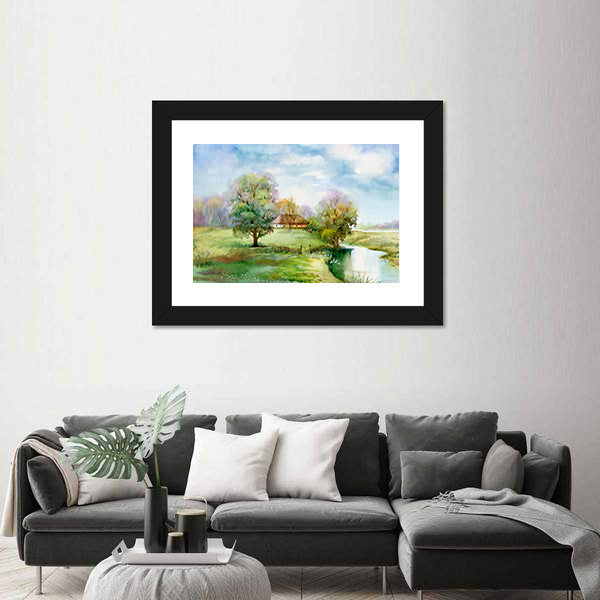 Thatched Cottage Beside Winding River Canvas Wall Art