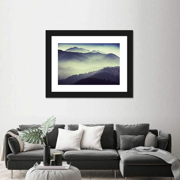 Misty Mountain Valley with Tower Silhouette Canvas Wall Art