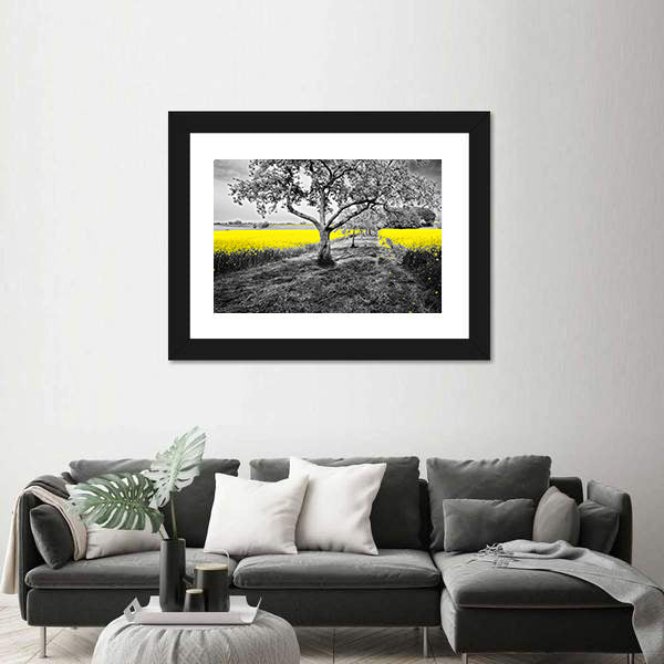 Yellow Canola Field with Large Tree and Path Canvas Wall Art