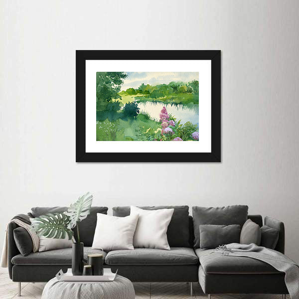 Watercolor River Landscape with Wildflowers Canvas Wall Art