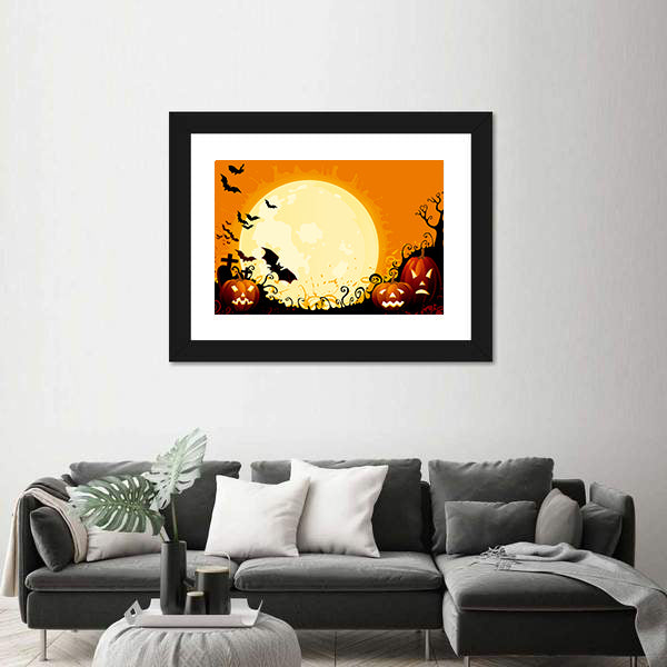 Jack-o'-lanterns Under Full Moon Canvas Wall Art