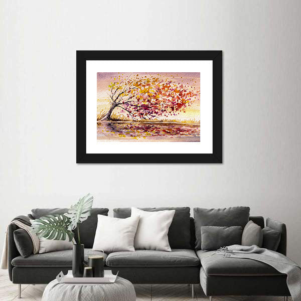 Wind-swept Autumn Tree by the Lake Canvas Wall Art
