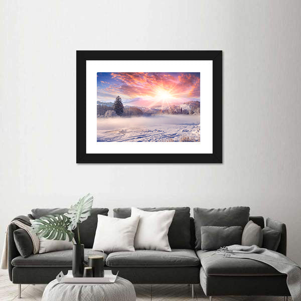 Winter Sunrise In Mountain Village Canvas Wall Art