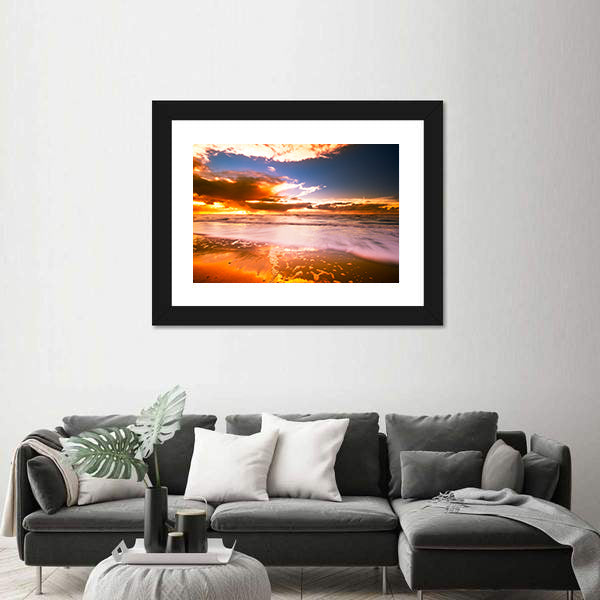 Sunset And Waves On The Beach Canvas Wall Art