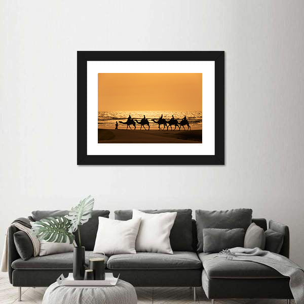Silhouette Of Dromedary And Tourists At Sunset Morocco Canvas Wall Art