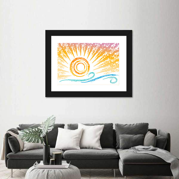 Stylized Sun and Ocean Waves Canvas Wall Art